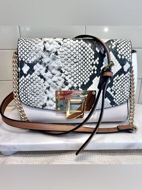 ALDO Black & White Snakeskin-Print Crossbody with Tan Adjustable Strap NWOT